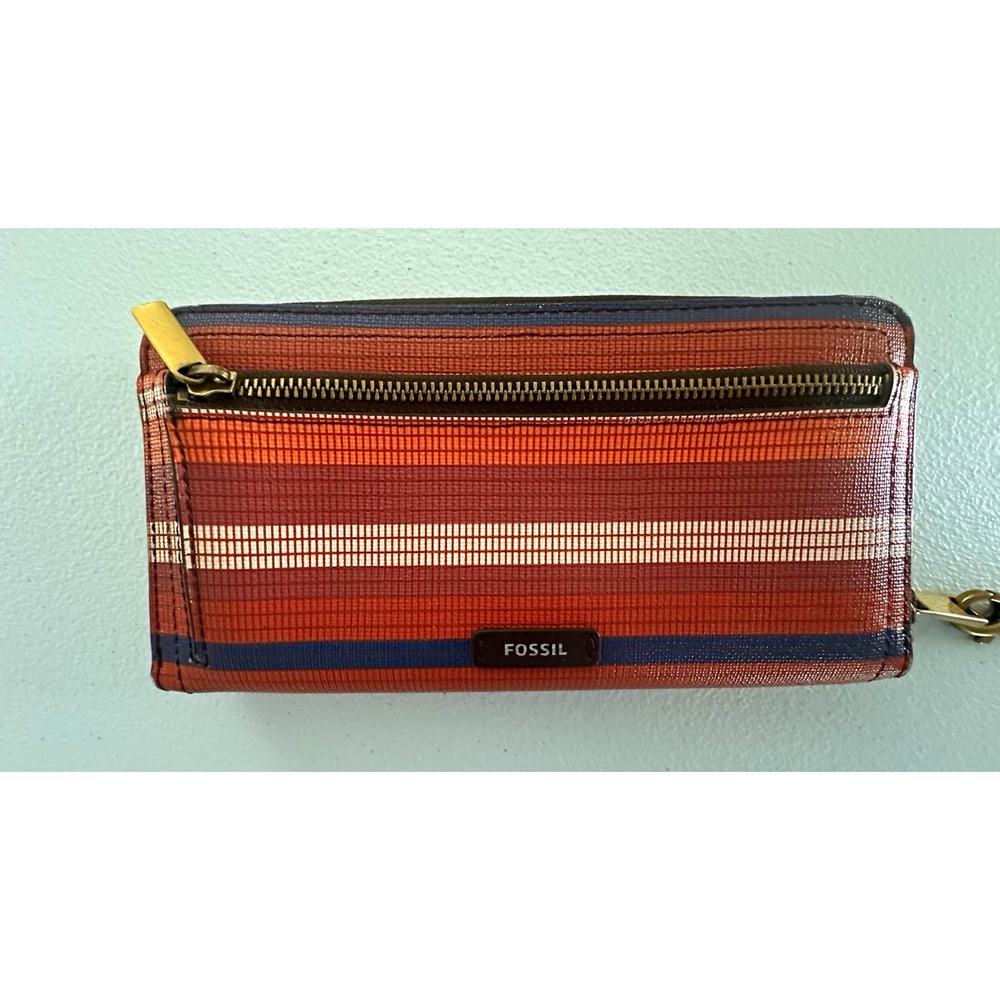 Fossil Women's Striped Multicolor Zip-Around Wristlet Wallet w/ Wrist Strap